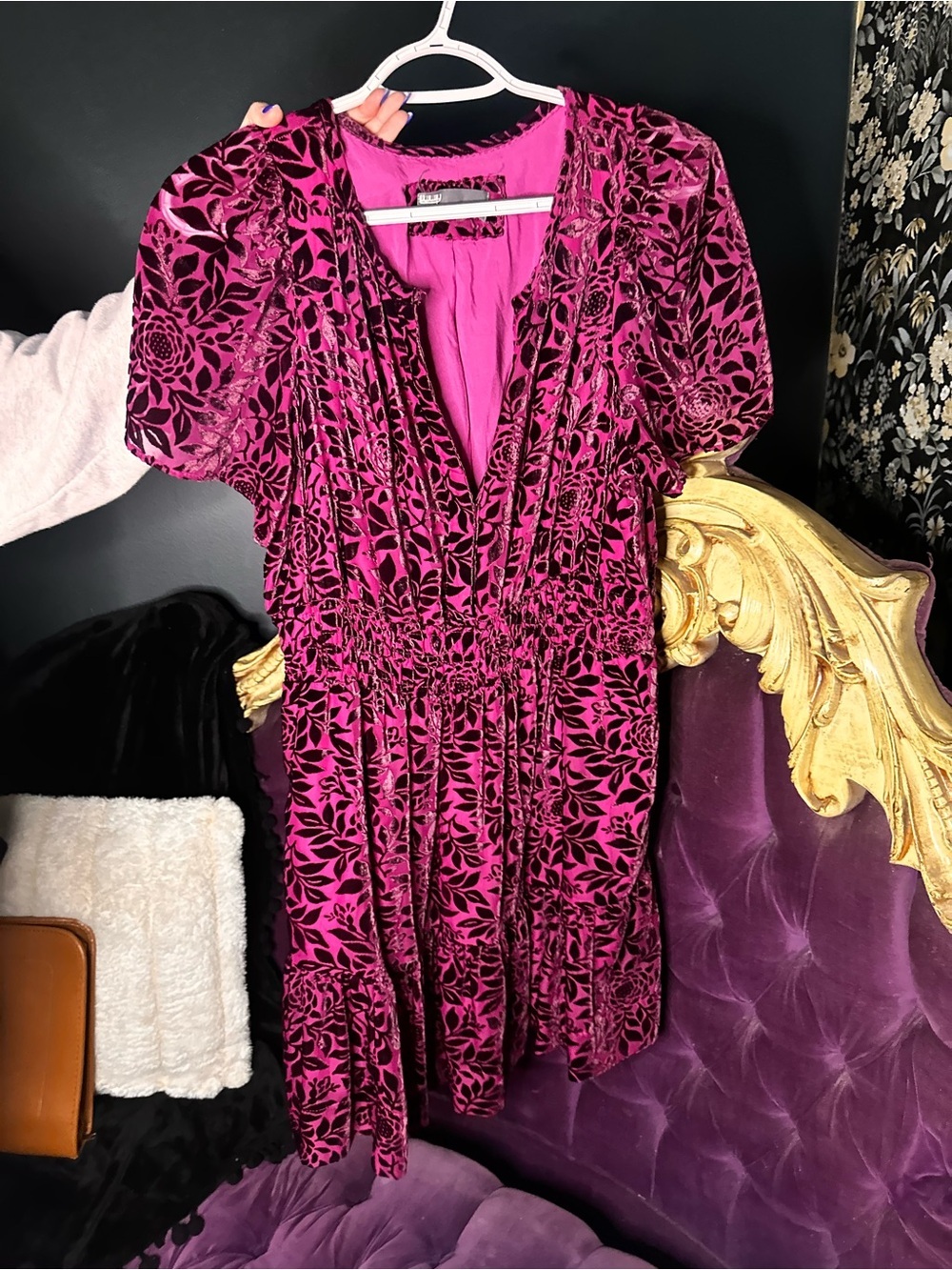 Anthropologie Magenta Velvet Burnout Puff-Sleeve Mini Dress